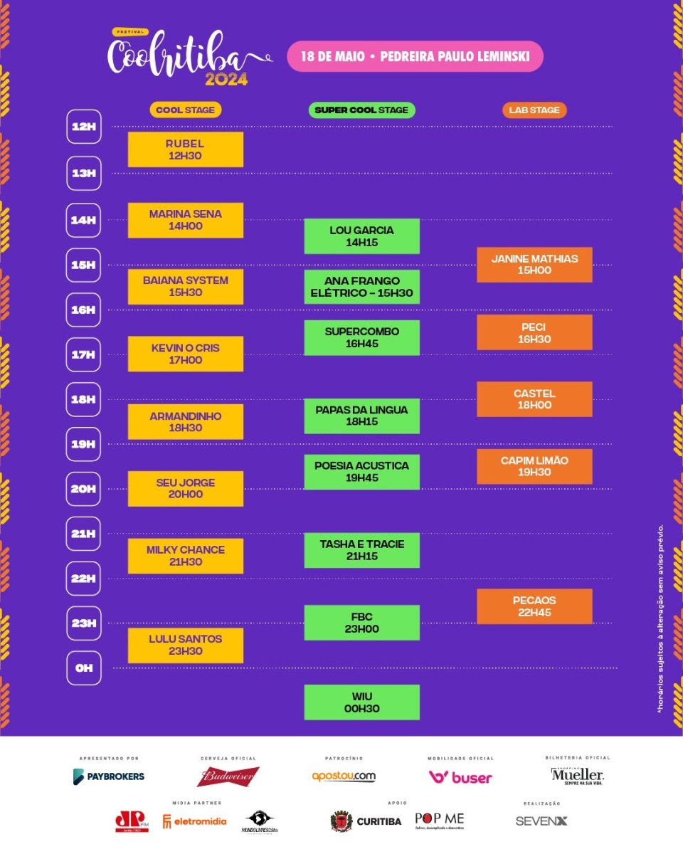 Confira os horários dos shows do festival Coolritiba que chega a Curitiba nesse sábado (18)